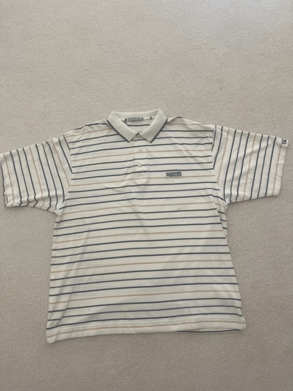 Cutter & Buck Vintage Cream Striped Polo with Navy & Tan Accents